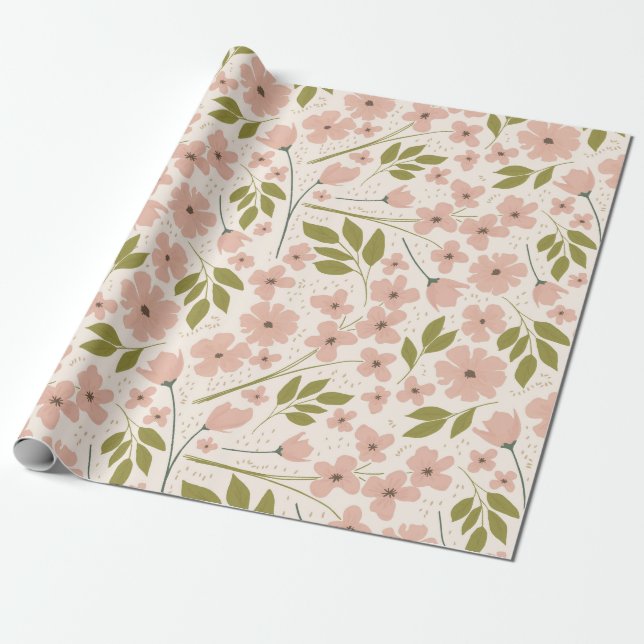 Blush Pink and Cream Pretty Floral Pattern Wrapping Paper (Unrolled)