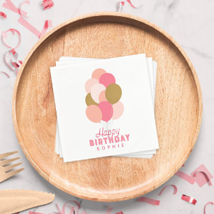 Blush Pink and Faux Gold Balloons Happy Birthday Napkin