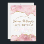 Blush Pink and Gold Agate 100th Birthday Invitation<br><div class="desc">Elegant choice for a 100th birthday party invitation. The birthday celebrant's name is written in a large modern script. The remain text is written in a classic and simple upright serif font. Two borders of blush pink agate and gold glitter at the top and bottom make this a showstopper invitation....</div>