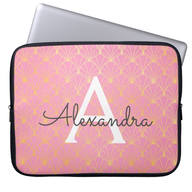 Blush Pink and Gold Art Deco Pattern Monogram Laptop Sleeve (Front)