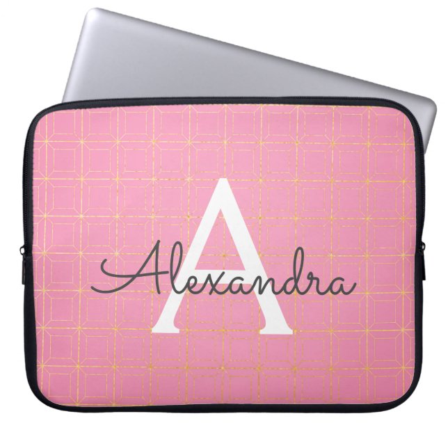 Blush Pink and Gold Art Deco Pattern Monogram Laptop Sleeve (Front)
