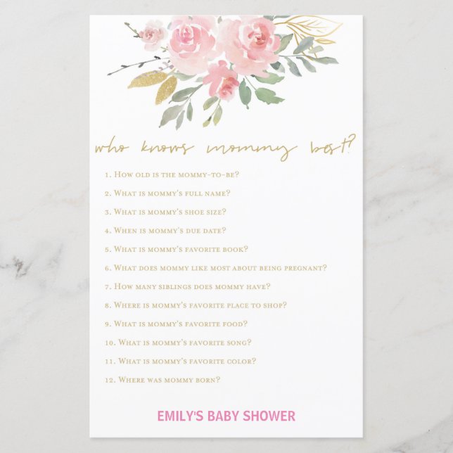 Blush Pink and Gold Baby Shower Game PRINTED (Front)