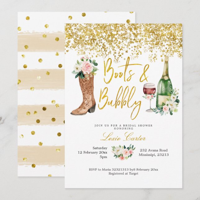 Blush pink and Gold Boots and Bubbly Bridal Shower Invitation (Front/Back)