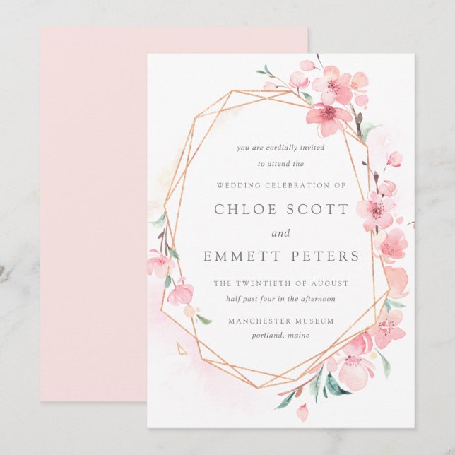 Blush Pink and Gold Cherry Blossom Wedding Invitation (Front/Back)
