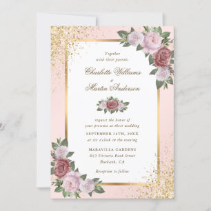 Blush Pink and Gold Confetti Floral Wedding Invitation