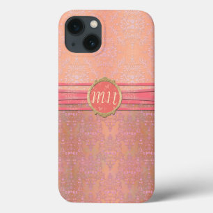 Blush Pink and Gold Damask Custom Monogram Pattern iPhone 13 Case