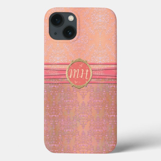 Blush Pink and Gold Damask Custom Monogram Pattern Case-Mate iPhone Case (Back)