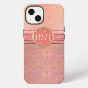 Blush Pink and Gold Damask Custom Monogram Pattern iPhone 13 Case