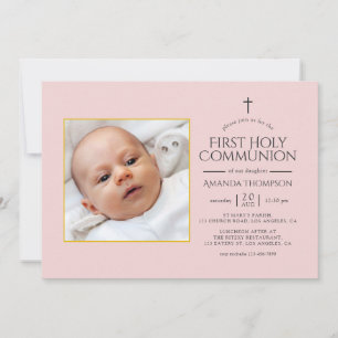 Blush Pink and Gold First Holy Communion Photo Invitation
