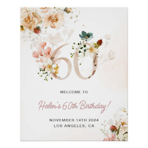 Blush Pink and Gold Floral 60th Birthday Welcome Poster