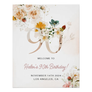 Blush Pink and Gold Floral 90th Birthday Welcome Poster