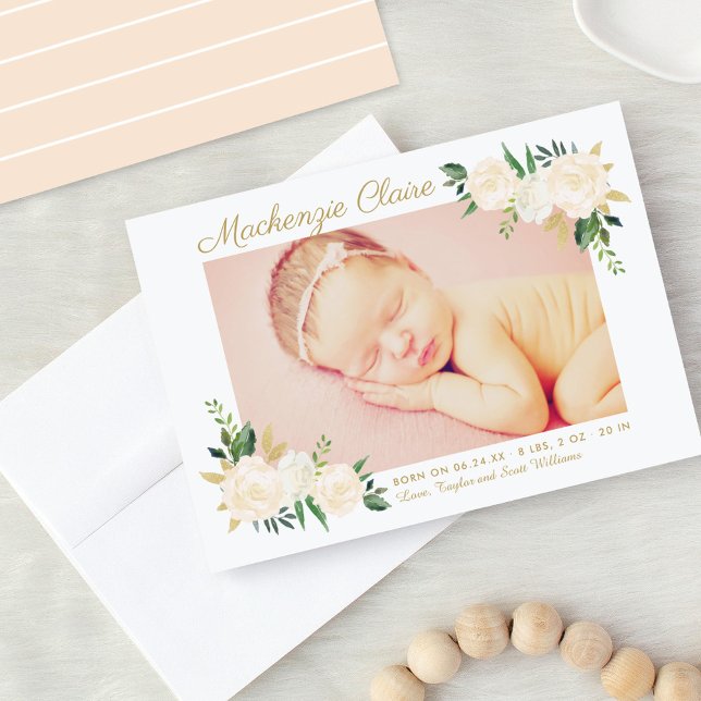 Blush Pink and Gold Floral Baby Girl Photo Birth Announcement (Creator Uploaded)