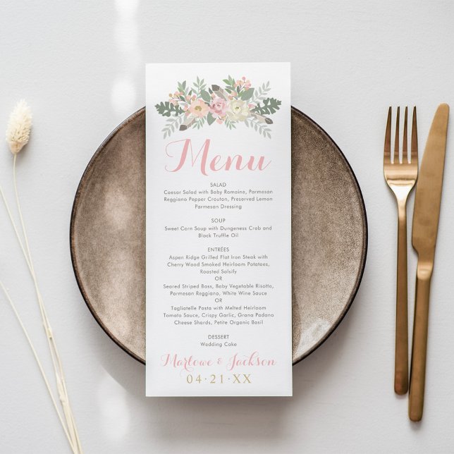 Blush Pink and Gold Floral Boho Wedding Monogram Menu (Creator Uploaded)