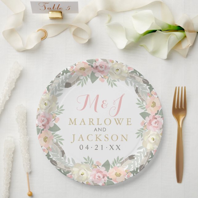 Blush Pink and Gold Floral Boho Wedding Monogram Paper Plate (Wedding)
