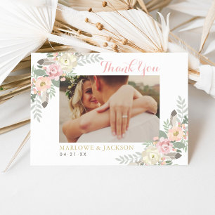 Blush Pink and Gold Floral Boho Wedding Photo Thank You Card