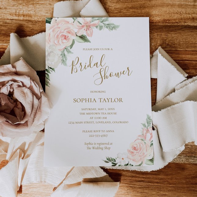 Blush Pink and Gold Floral Botanical Bridal Shower Invitation (Boho Floral Spring Bridal Shower Invitation Template)