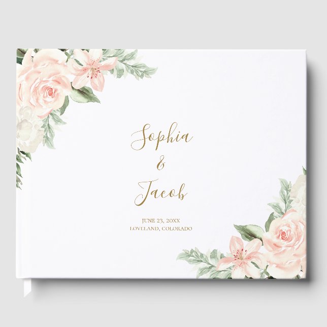 Blush Pink and Gold Floral Botanical Wedding Guest Book (Front)