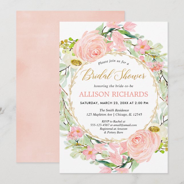 Blush pink and gold floral bridal shower invitation (Front/Back)