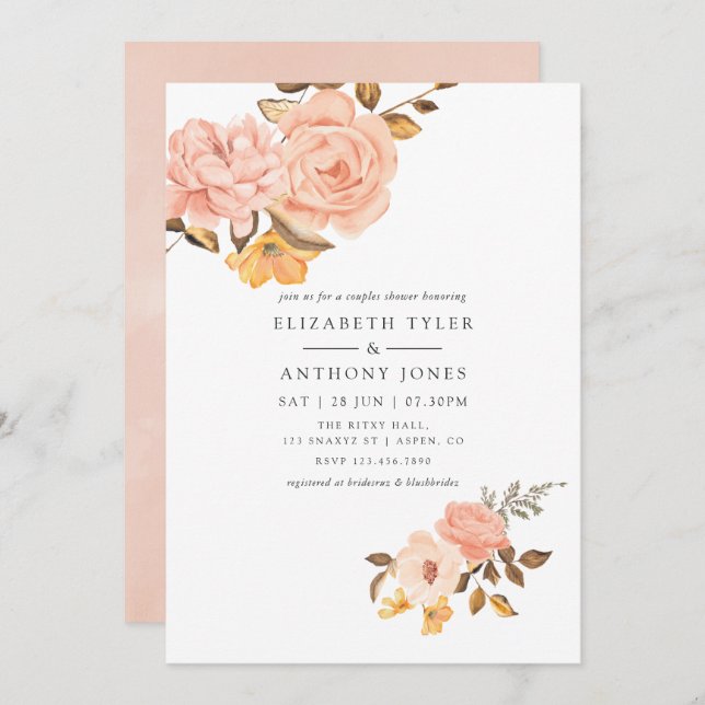Blush Pink and Gold Floral Couples Shower Invitation (Front/Back)