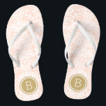 Blush Pink and Gold Floral Damask Monogram Flip Flops<br><div class="desc">Custom printed flip flop sandals with a stylish elegant floral damask pattern and your custom monogram or other text in a circle frame. Click Customize It to change text fonts and colours or add your own images to create a unique one of a kind design!</div>