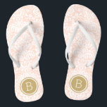 Blush Pink and Gold Floral Damask Monogram Flip Flops<br><div class="desc">Custom printed flip flop sandals with a stylish elegant floral damask pattern and your custom monogram or other text in a circle frame. Click Customize It to change text fonts and colours or add your own images to create a unique one of a kind design!</div>