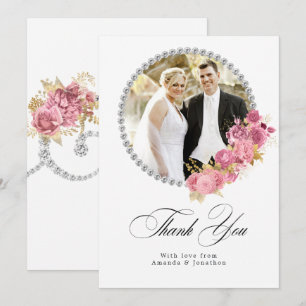 Blush Pink and Gold Floral Diamond Wedding Thank You Card