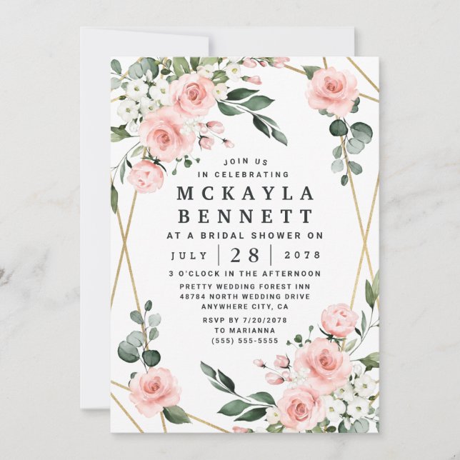 Blush Pink and Gold Floral Greenery Bridal Shower Invitation (Front)