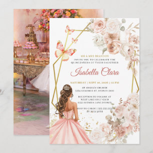 Blush Pink and Gold Floral Princess Quinceanera Invitation