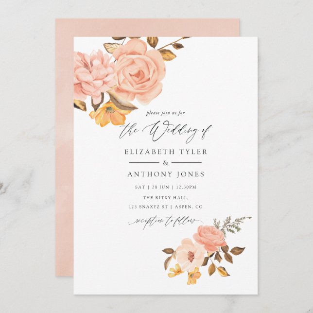 Blush Pink and Gold Floral Wedding Invitation (Front/Back)