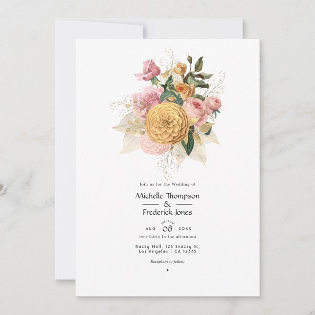  Blush Pink and Gold Floral Wedding Invitation (Front)