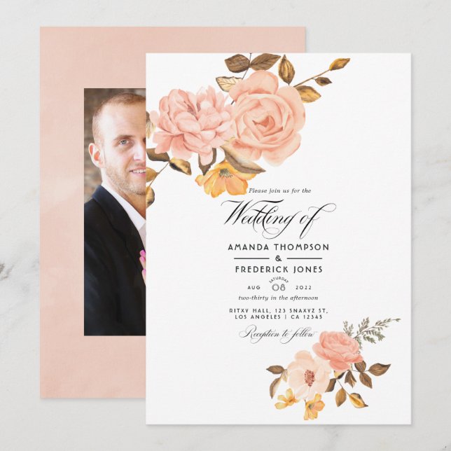 Blush Pink and Gold Floral Wedding Photo Invitation (Front/Back)