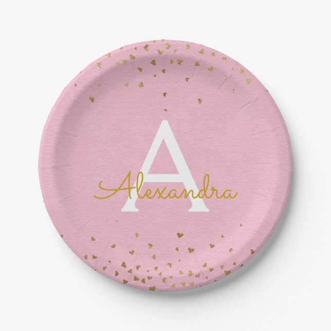 Blush Pink and Gold Foil Confetti Monogram Paper Plate (Front)