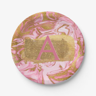 Blush Pink and Gold Foil Elegant Marble Birthday Paper Plate
