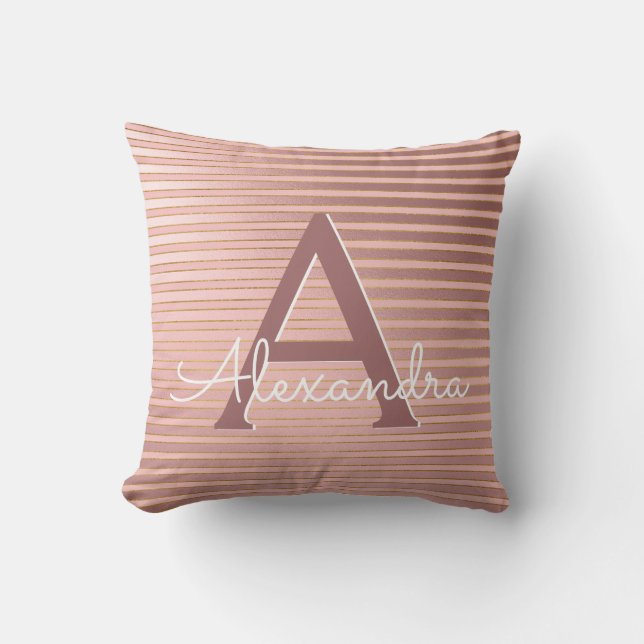 Blush Pink and Gold Foil Stripe Monogram Name Throw Pillow (Front)
