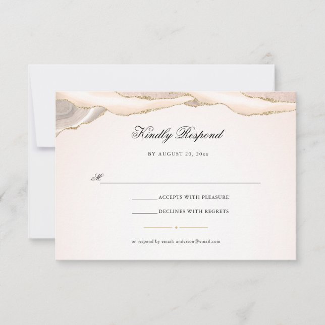 Blush Pink and Gold Glitter Agate Script Wedding RSVP Card (Front)