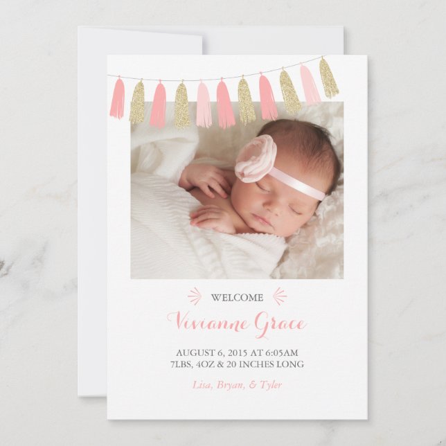 Blush Pink and Gold Glitter Birth Announcements (Front)