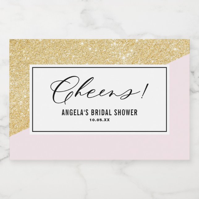 Blush Pink and Gold Glitter Cheers Bridal Shower Sparkling Wine Label (Single Label)