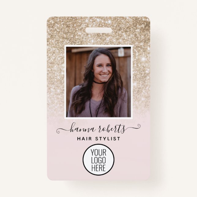 Blush Pink and Gold Glitter Employee or Stylist ID Badge (Front)