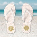 Blush Pink and Gold Greek Key Monogram Flip Flops<br><div class="desc">Custom printed flip flop sandals with a stylish modern Greek key pattern and your custom monogram or other text in a circle frame. Click Customize It to change text fonts and colours or add your own images to create a unique one of a kind design!</div>