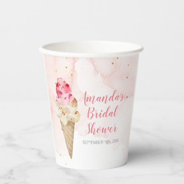 Blush Pink and Gold Ice Cream Bridal Shower Paper Cups (Front)