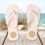 Blush Pink and Gold Moroccan Quatrefoil Monogram Flip Flops<br><div class="desc">Custom printed flip flop sandals with a stylish Moroccan quatrefoil pattern and your custom monogram or other text in a circle frame. Click Customize It to change text fonts and colours or add your own images to create a unique one of a kind design!</div>