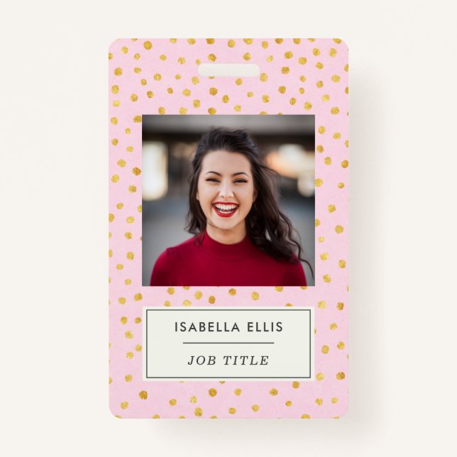 Blush Pink and Gold Polka Dot Custom Name Office Badge (Front)