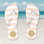 Blush Pink and Gold Preppy Stripes Monogram Flip Flops<br><div class="desc">Custom printed flip flop sandals with a preppy nautical stripe pattern and your custom monogram or other text in a circle frame. Click Customize It to change text fonts and colours or add your own images to create a unique one of a kind design!</div>