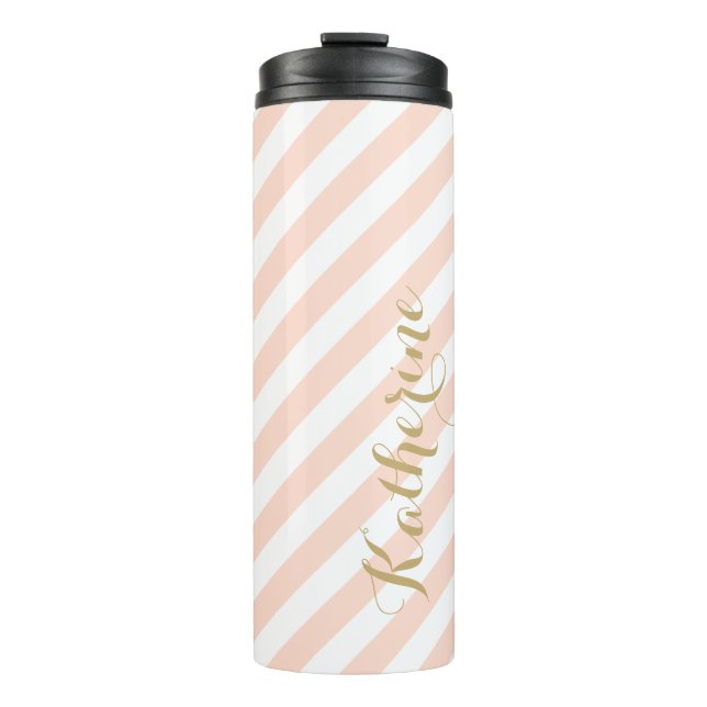 Blush Pink and Gold Preppy Stripes Monogram Thermal Tumbler (Front)
