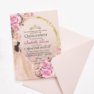  Blush Pink and Gold Roses Elegant Quinceanera Invitation