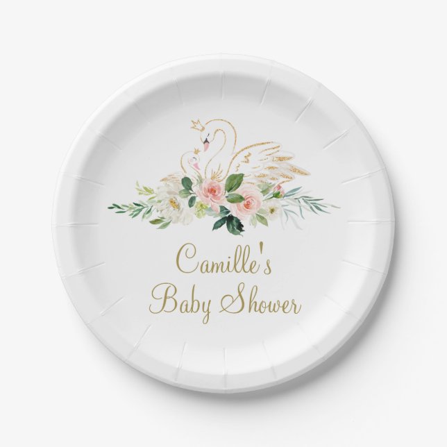 Blush Pink and gold Swan Baby shower Paper Plate (Front)