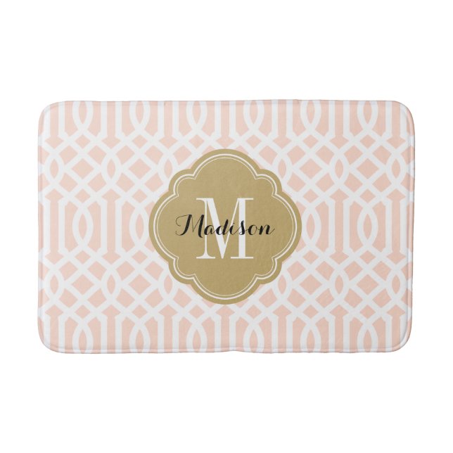 Blush Pink and Gold Trellis Monogram Bath Mat (Front)