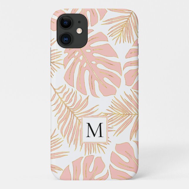 Blush pink and gold tropical leaves and monogram Case-Mate iPhone case (Back)