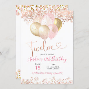 Blush Pink and Gold Twelve Birthday Party Invitation