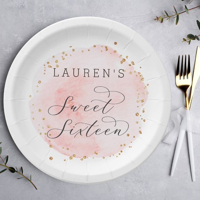 Blush Pink and Gold Watercolor Sweet Sixteen Paper Plate (Creator Uploaded)